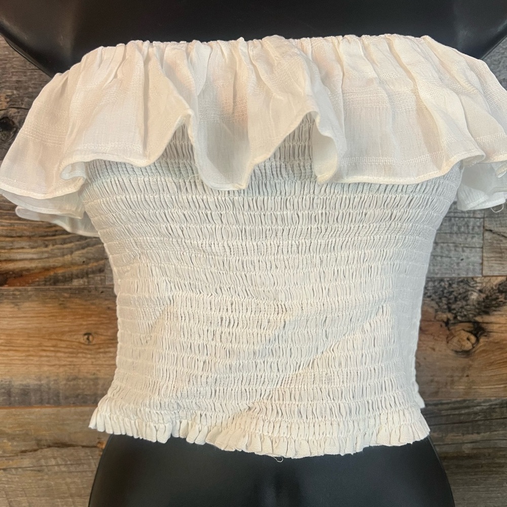 Blue Life Cream Smocked Crop Top with Ruffled Neckline